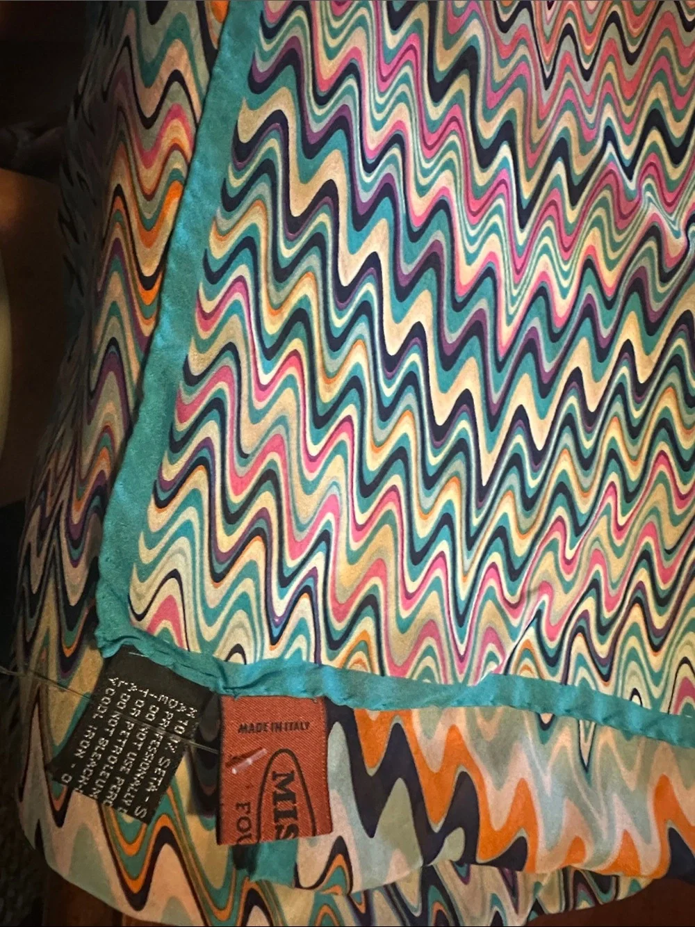 Missoni Multicolor Zigzag Silk Scarf with Teal Edge